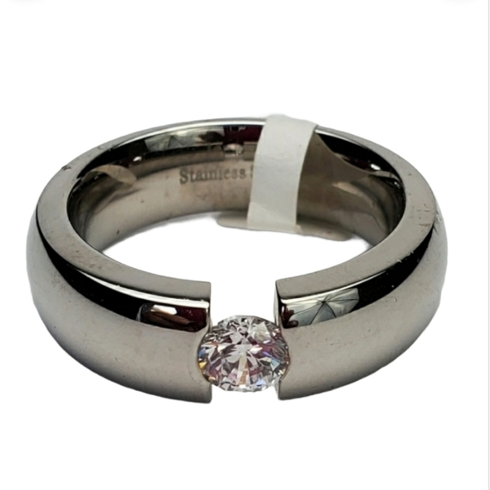 Men's Silver Stainless Steel Band Ring Shiny Cubic Zirconia size 13 heavy *